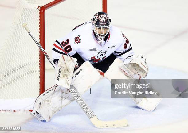 Stephen Dhillon of the Niagara IceDogs watches the puck during an OHL game against the Oshawa Generals at the Meridian Centre on October 26, 2017 in...