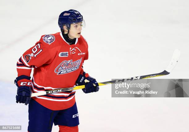 Allan McShane of the Oshawa Generals skates during an OHL game against the Niagara IceDogs at the Meridian Centre on October 26, 2017 in St...