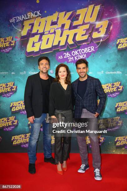 Director Bora Dagtekin, Actor Elyas M'Barek and Producer Lena Schoemann attends the 'Fack ju Goehte 3' premiere at CineStar on October 28, 2017 in...