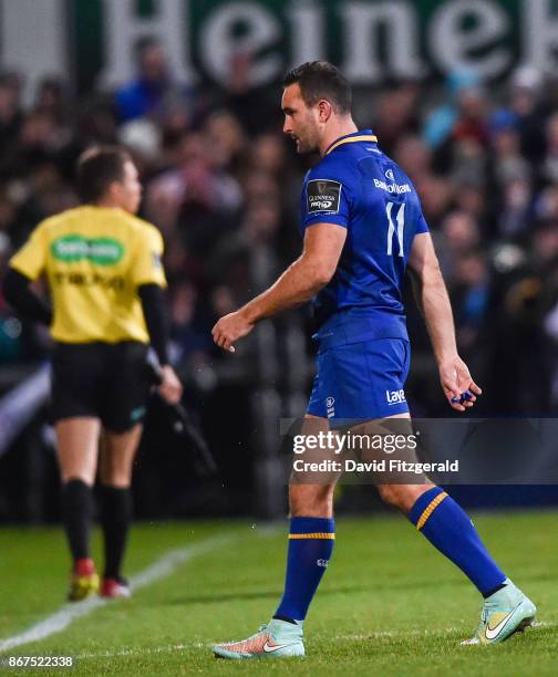 Belfast , United Kingdom - 28 October 2017; Dave Kearney of Leinster makes his way off the field after receiving a yellow card from referee John...