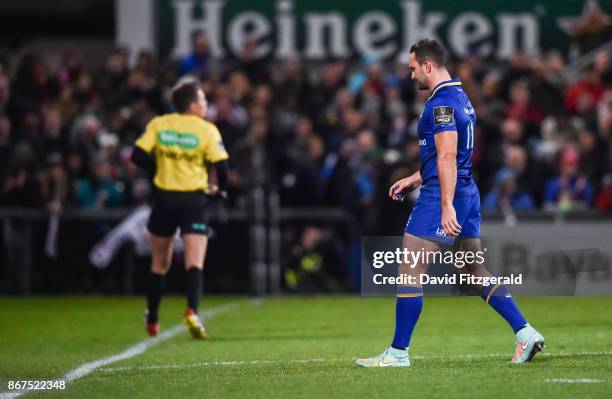 Belfast , United Kingdom - 28 October 2017; Dave Kearney of Leinster makes his way off the field after receiving a yellow card from referee John...