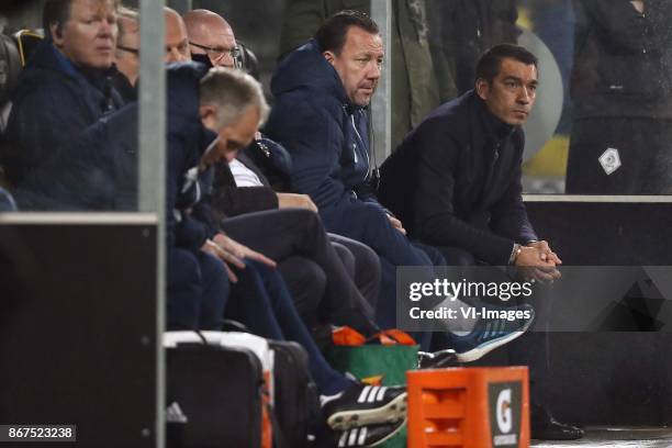 Assistant trainer Jan Wouters of Feyenoord, assistant trainer Jean-Paul van Gastel of Feyenoord, coach Giovanni van Bronckhorst during the Dutch...