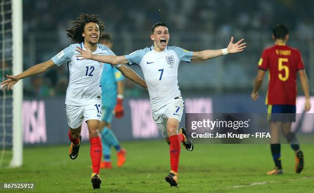 Philip Foden of England celebrates scoring the 4th during the FIFA U-17 World Cup India 2017 Final match between England and Spain at Vivekananda...