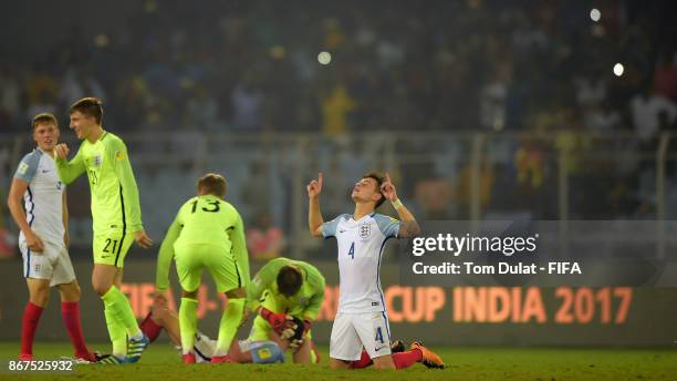 George McEachran of England celebrates after the FIFA U-17 World Cup India 2017 Final match between England and Spain at Vivekananda Yuba Bharati...