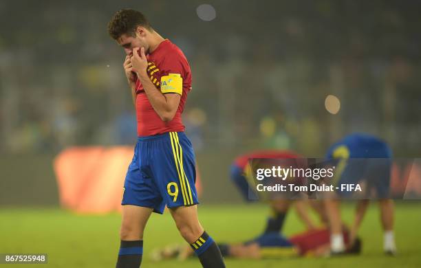 Abel Ruiz of Spain looks dejected after the FIFA U-17 World Cup India 2017 Final match between England and Spain at Vivekananda Yuba Bharati...