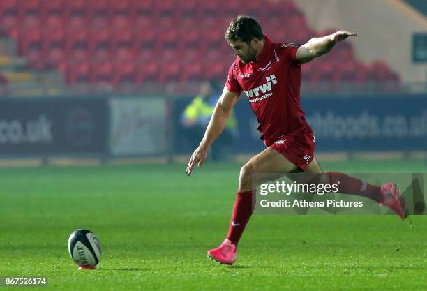 Leigh Halfpenny of the Scarlets scores three points with a kick during the Guinness PRO14 match between Scarlets and Cardiff Blues at Parc Y Scarlets...