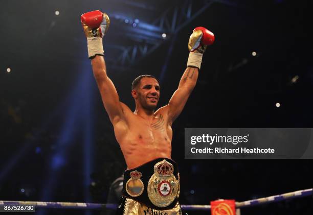 Kal Yafai celebrates victory after his WBA Super-Flyweight Championship contest against Sho Ishida at Principality Stadium on October 28, 2017 in...