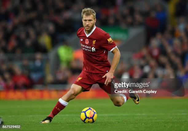 Ragnar Klavan of Liverpool during the Premier League match between Liverpool and Huddersfield Town at Anfield on October 28, 2017 in Liverpool,...
