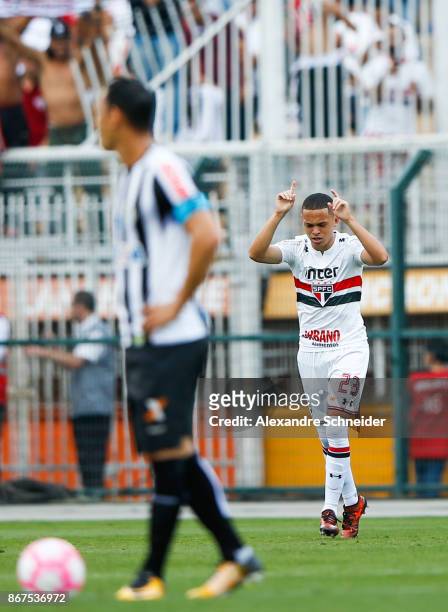 Marcos Guilherme of Sao Paulo celebrates their first goal during the match between Sao Paulo and Santos for the Brasileirao Series A 2017 at Pacaembu...