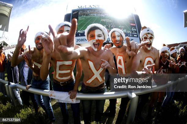 Texas Longhorns fans celebrate as Texas plays the Baylor Bears in the second half at McLane Stadium on October 28, 2017 in Waco, Texas. Texas won...