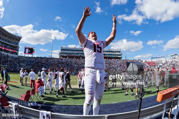 Cole Kelley of the Arkansas Razorbacks cheers with the fans during a game against the Ole Miss Rebels at Hemingway Stadium on October 28, 2017 in...