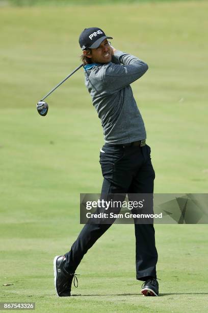 Aaron Baddeley of Australia plays his second shot on the seventh hole during the third round of the Sanderson Farms Championship at the Country Club...