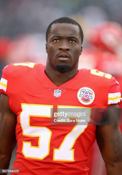 Kevin Pierre-Louis of the Kansas City Chiefs stands on sidelines before their game against the Oakland Raiders at Oakland-Alameda County Coliseum on...
