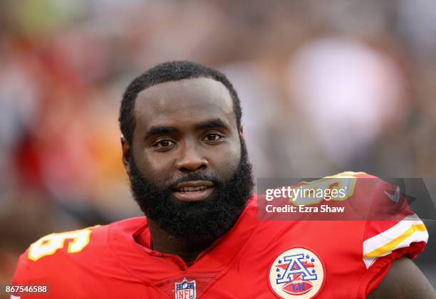 Bennie Logan of the Kansas City Chiefs stands on sidelines before their game against the Oakland Raiders at Oakland-Alameda County Coliseum on...