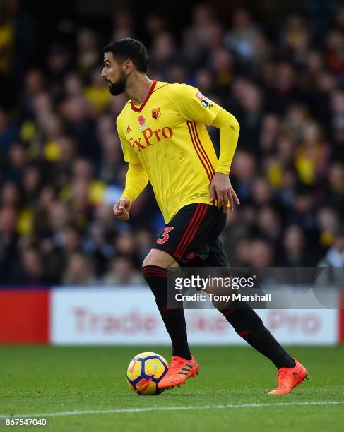 Miguel Britos of Watford during the Premier League match between Watford and Stoke City at Vicarage Road on October 28, 2017 in Watford, England.
