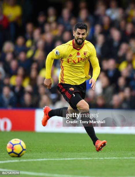 Miguel Britos of Watford during the Premier League match between Watford and Stoke City at Vicarage Road on October 28, 2017 in Watford, England.