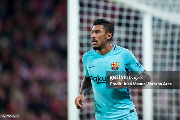 Paulinho of FC Barcelona celebrates after scoring his team's second goal during the La Liga match between Athletic Club Bilbao and FC Barcelona at...