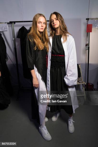 Models backstage ahead of the Mashael show during Fashion Forward October 2017 held at the Dubai Design District on October 28, 2017 in Dubai, United...