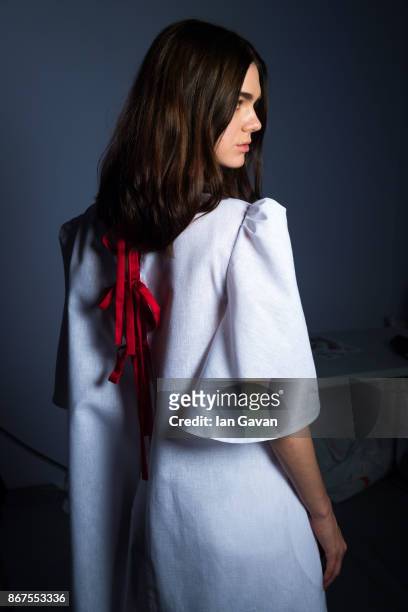 Model backstage ahead of the Mashael show during Fashion Forward October 2017 held at the Dubai Design District on October 28, 2017 in Dubai, United...