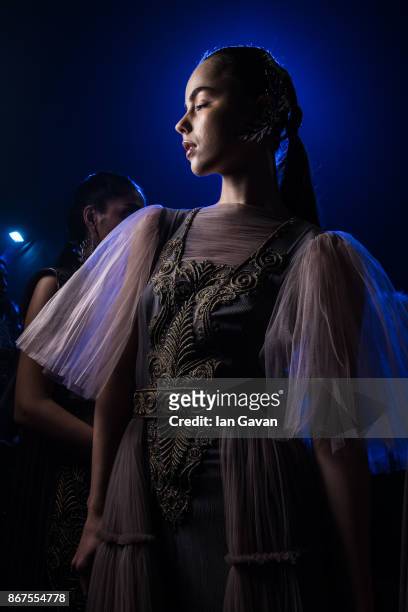 Model backstage ahead of the Zareena show during Fashion Forward October 2017 held at the Dubai Design District on October 28, 2017 in Dubai, United...