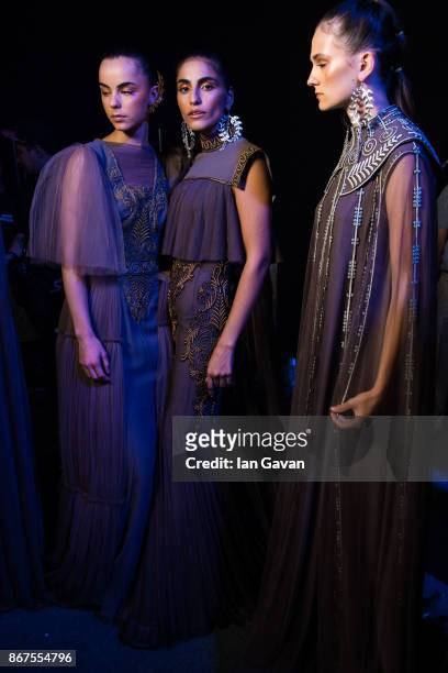 Models backstage ahead of the Zareena show during Fashion Forward October 2017 held at the Dubai Design District on October 28, 2017 in Dubai, United...