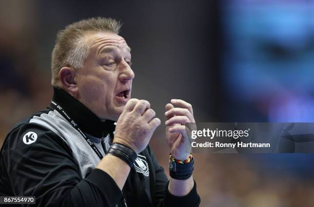 Head coach Michael Biegler of Germany gestures during the women's international friendly match between Germany and The Netherlands at Getec Arena on...