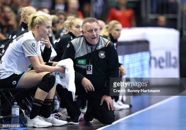Head coach Michael Biegler and Kim Naidzinavicius of Germany at the sideline during the women's international friendly match between Germany and The...