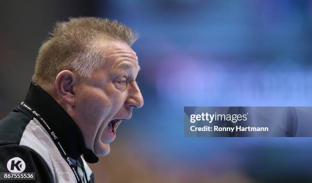 Head coach Michael Biegler of Germany shouts during the women's international friendly match between Germany and The Netherlands at Getec Arena on...