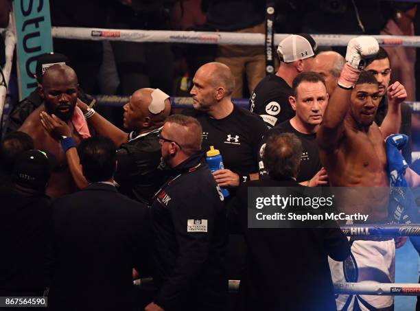 Cardiff , United Kingdom - 28 October 2017; Anthony Joshua celebrates following his World Heavyweight Title fight with Carlos Takam at the...