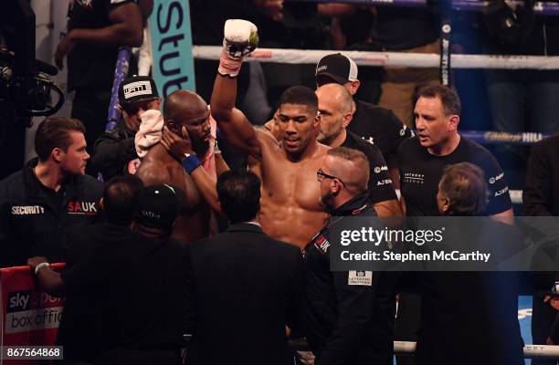 Cardiff , United Kingdom - 28 October 2017; Anthony Joshua celebrates following his World Heavyweight Title fight with Carlos Takam at the...