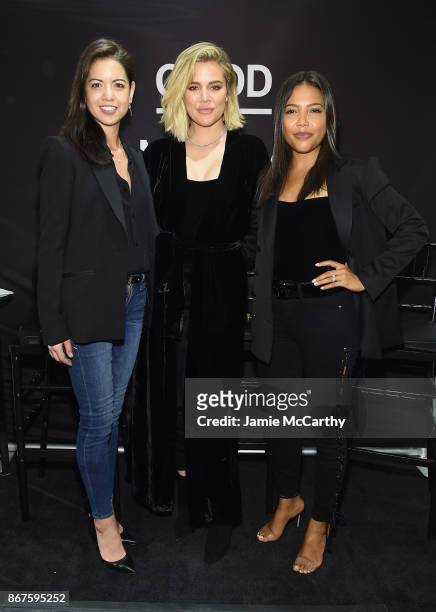 Heather Shimokawa joins Khloe Kardashian and Emma Grede as they celebrate the launch of Good American at Bloomingdale's on October 28, 2017 in New...