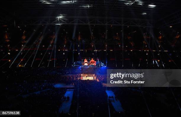 General view of the action during the fight between Anthony Joshua and Carlos Takam for the World Heavyweight Title at Principality Stadium on...