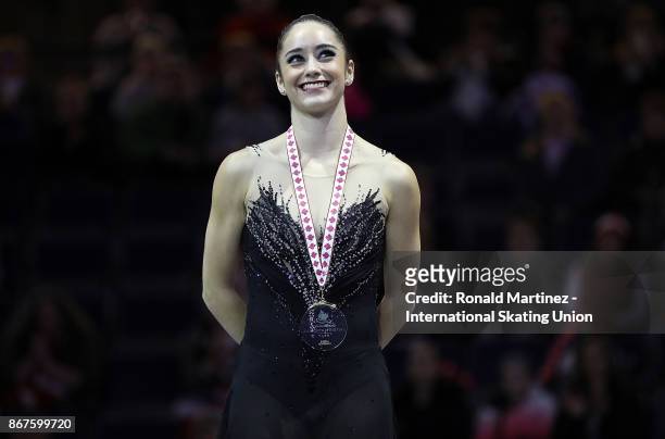 Gold medalist Kaetlyn Osmond of Canada during the victory ceremony for ladies free skating during the ISU Grand Prix of Figure Skating at Brandt...