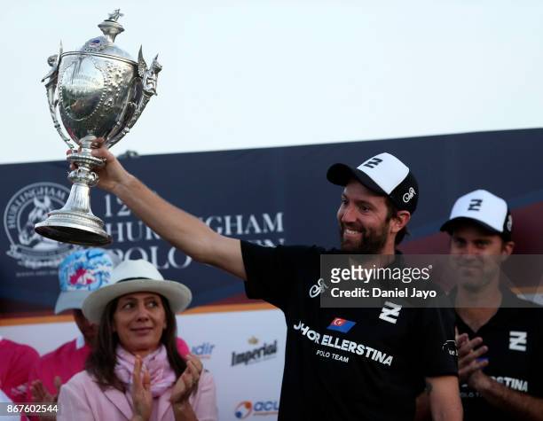 Pablo Pieres of Ellerstina holds up the trophy after winning the final match between Ellerstina and Alegria during the Hurlingham Polo Open 2017 at...