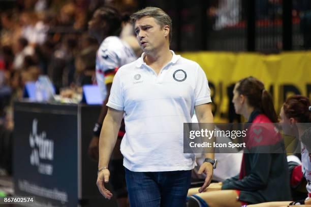 Head coach of Brest Laurent Bezeau during the Women's French League match between Issy Paris and Brest on October 28, 2017 in Tremblay-en-France,...