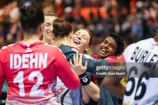 Melinda Geiger and Louise Sand of Brest during the Women's French League match between Issy Paris and Brest on October 28, 2017 in...