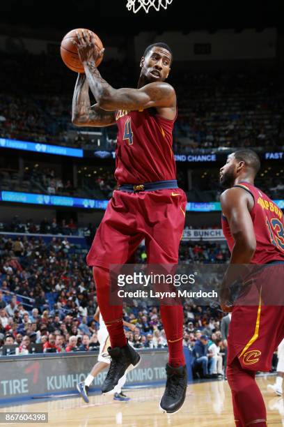 Iman Shumpert of the Cleveland Cavaliers grabs the rebound against the New Orleans Pelicans on October 28, 2017 at the Smoothie King Center in New...