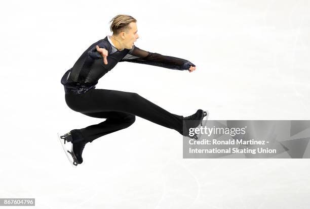Michal Brezina of Czech Republic performs in men free skating during the ISU Grand Prix of Figure Skating at Brandt Centre on October 28, 2017 in...