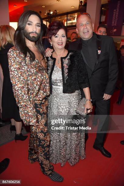 Conchita Wurst, Viola Klein and Stefan Hippler attend the 12th Hope Charity Gala at Kulturpalast on October 28, 2017 in Dresden, Germany.