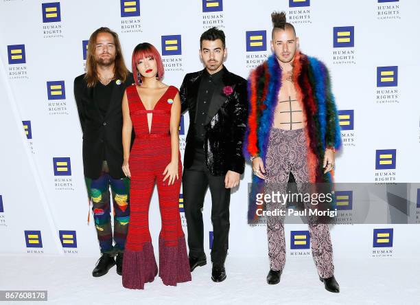 Musicians Jack Lawless, JinJoo Lee, Joe Jonas, and Cole Whittle of the band DNCE attend the 21st Annual HRC National Dinner at the Washington...