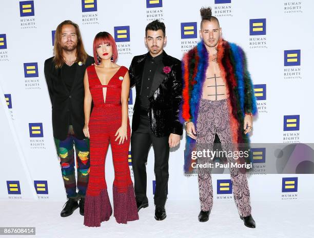 Musicians Jack Lawless, JinJoo Lee, Joe Jonas, and Cole Whittle of the band DNCE attend the 21st Annual HRC National Dinner at the Washington...