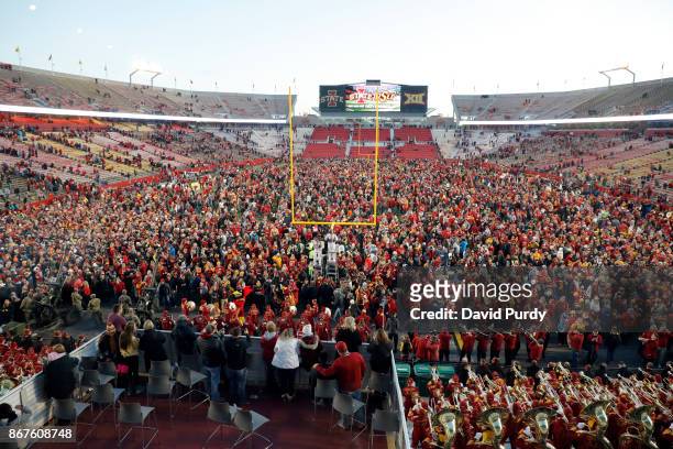 Iowa State Cyclones fans stormed the field after the Cyclones won 14-7 over the TCU Horned Frogs in the second half of play at Jack Trice Stadium on...