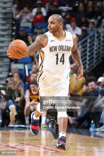 Jameer Nelson of the New Orleans Pelicans handles the ball against the Cleveland Cavaliers on October 28, 2017 at the Smoothie King Center in New...