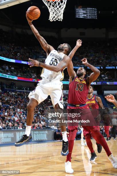Twaun Moore of the New Orleans Pelicans drives to the basket against the Cleveland Cavaliers on October 28, 2017 at the Smoothie King Center in New...