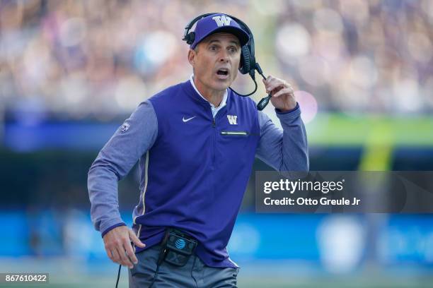 Head coach Chris Petersen of the Washington Huskies looks on against the UCLA Bruins at Husky Stadium on October 28, 2017 in Seattle, Washington.