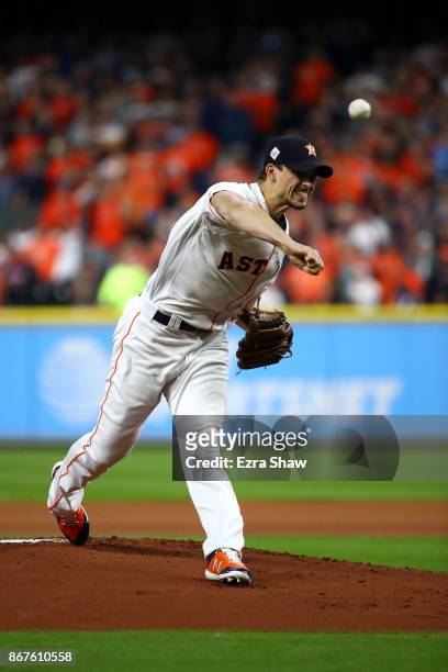 Charlie Morton of the Houston Astros throws a pitch during the first inning against the Los Angeles Dodgers in game four of the 2017 World Series at...