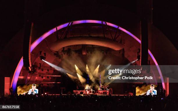 Linkin Park performs during the "Linkin Park And Friends Celebrate Life In Honor Of Chester Bennington" concert at the Hollywood Bowl on October 27,...