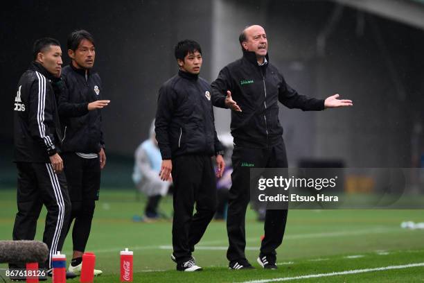 Head coach Miguel Angel Lotina of Tokyo Verdy protests during the J.League J2 match between Tokyo Verdy and Avispa Fukuoka at Ajinomoto Stadium on...