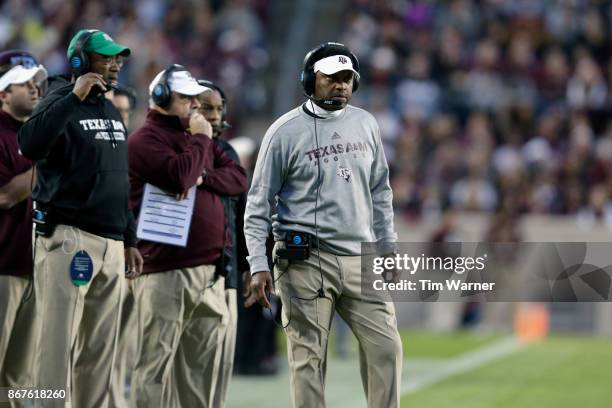 Head coach Kevin Sumlin of the Texas A&M Aggies reacts on the sideline in the first quarter against the Mississippi State Bulldogs at Kyle Field on...