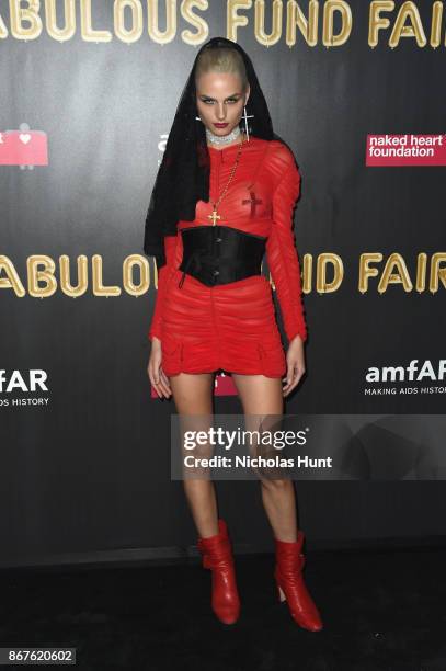 Model Andreja Pejic attends the 2017 amfAR & The Naked Heart Foundation Fabulous Fund Fair at Skylight Clarkson Sq on October 28, 2017 in New York...